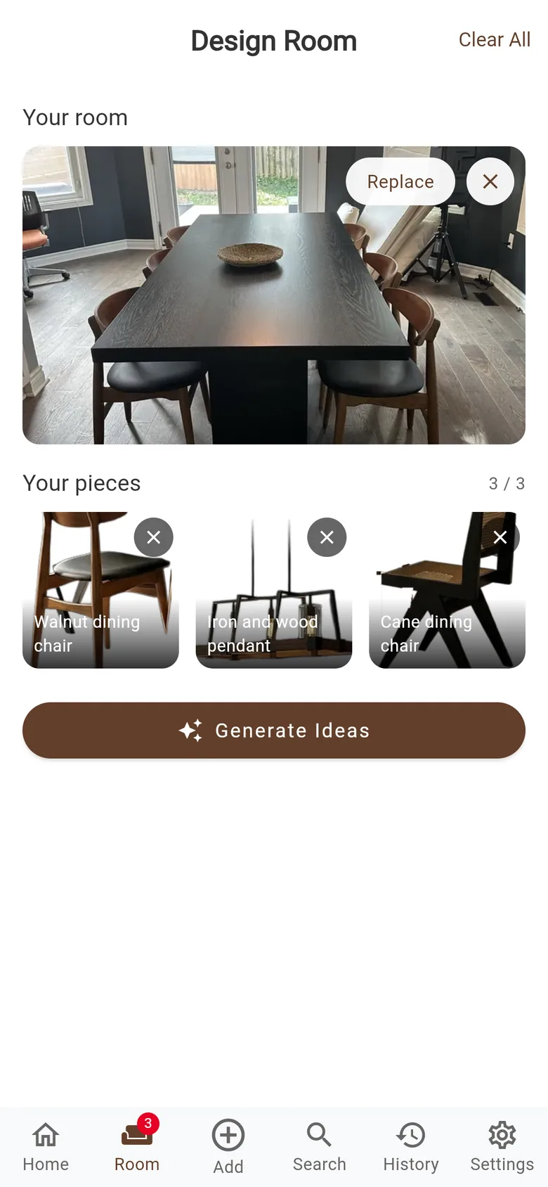 Fuse's Design Room: a photo of the user's room with three pieces ready to place in it.